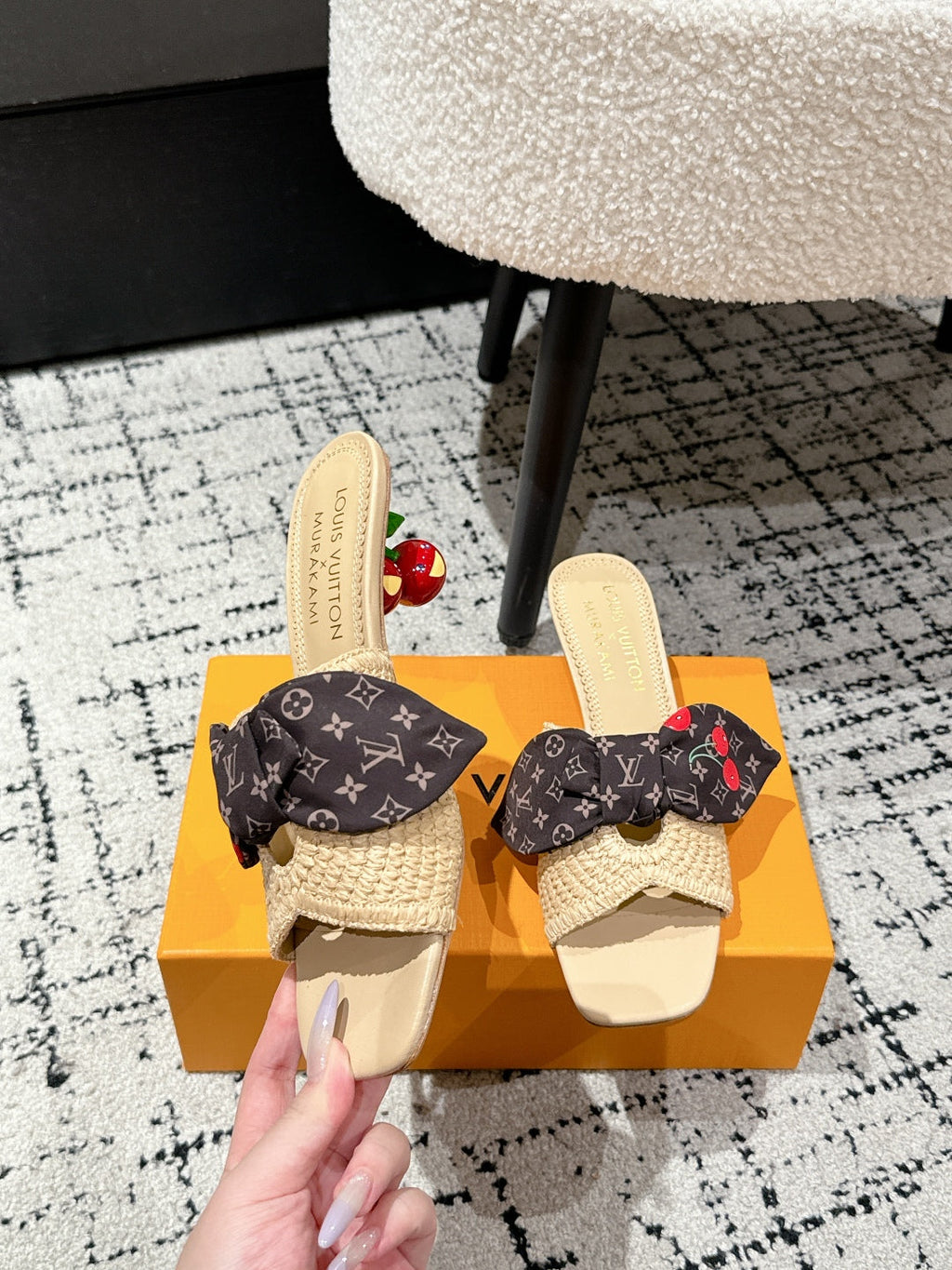 LOUIS VUITTON LV CHERRY HIGH HEELS 25S IN BEIGE RAFFIA WITH BOW STYLE 13