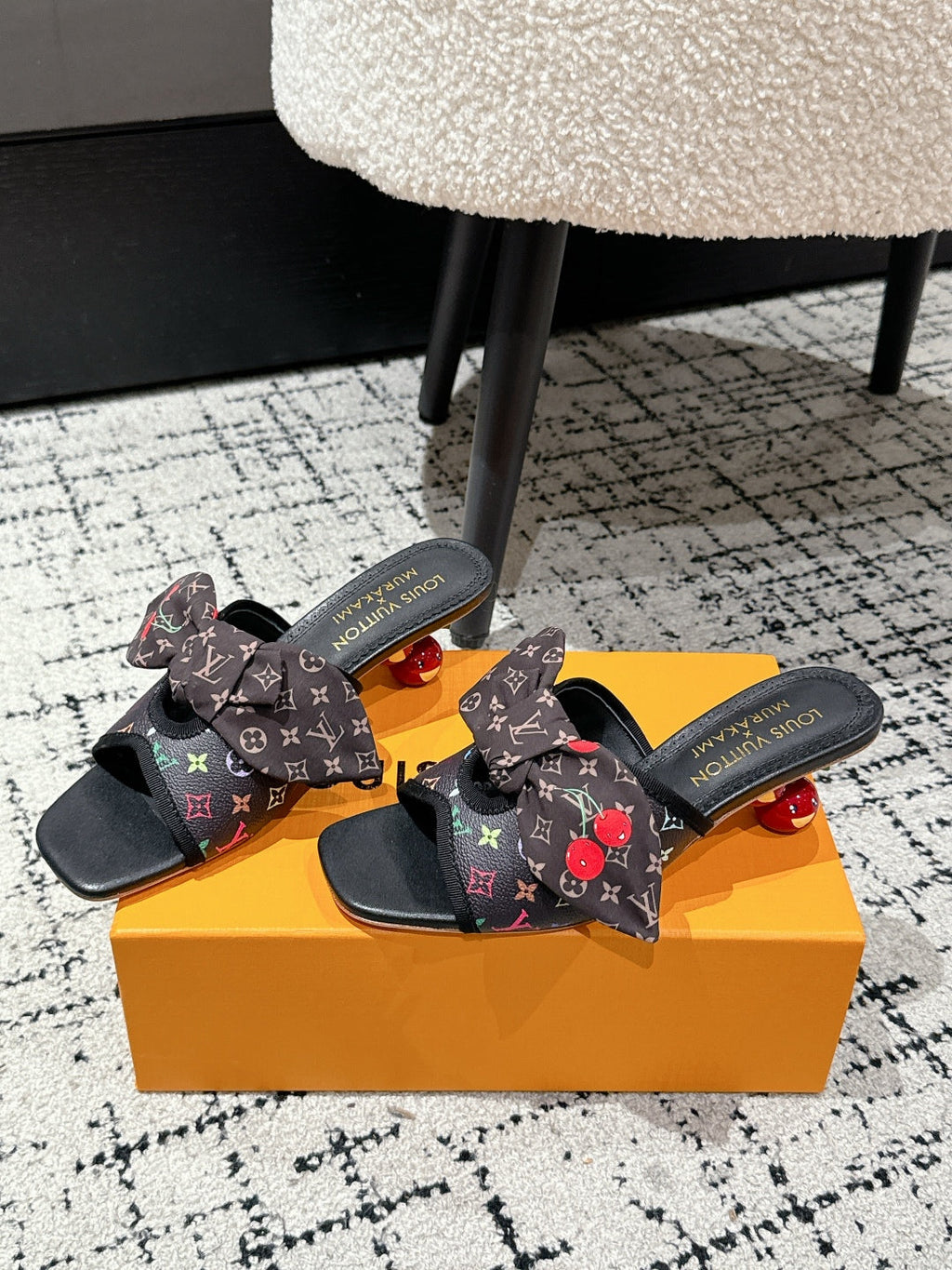 LOUIS VUITTON LV CHERRY HIGH HEELS 25S IN BLACK CALFSKIN WITH BOW STYLE 12