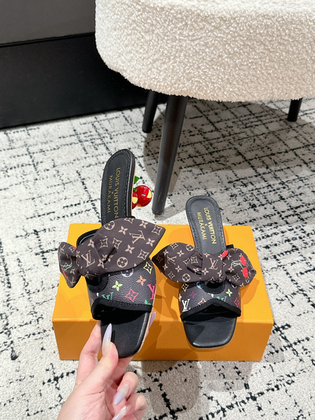 LOUIS VUITTON LV CHERRY HIGH HEELS 25S IN BLACK CALFSKIN WITH BOW STYLE 12