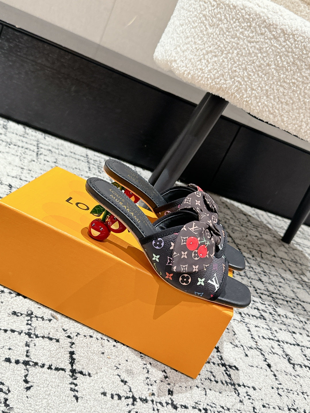 LOUIS VUITTON LV CHERRY HIGH HEELS 25S IN BLACK CALFSKIN WITH BOW STYLE 12