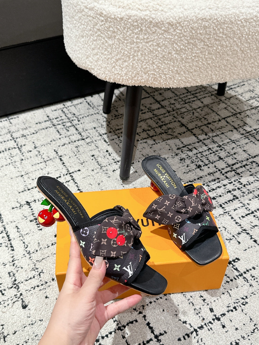 LOUIS VUITTON LV CHERRY HIGH HEELS 25S IN BLACK CALFSKIN WITH BOW STYLE 12