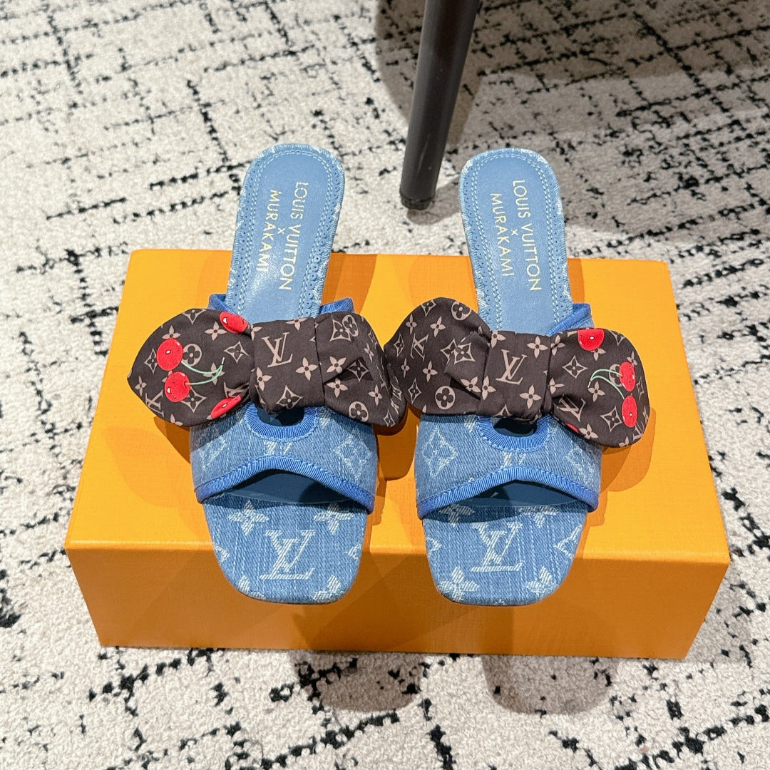 LOUIS VUITTON LV CHERRY HIGH HEELS 25S IN BLUE DENIM WITH BOW STYLE 8