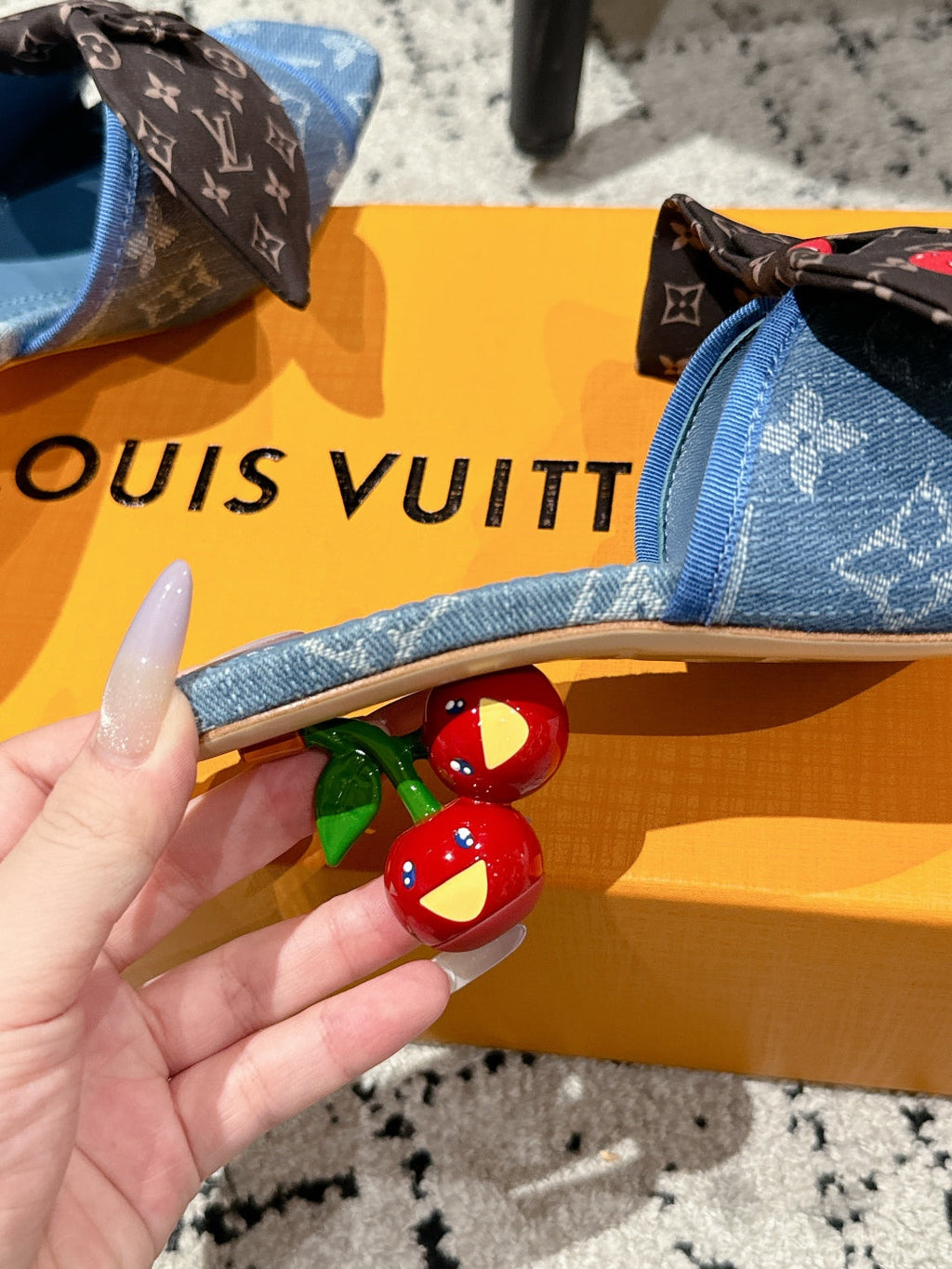 LOUIS VUITTON LV CHERRY HIGH HEELS 25S IN BLUE DENIM WITH BOW STYLE 8