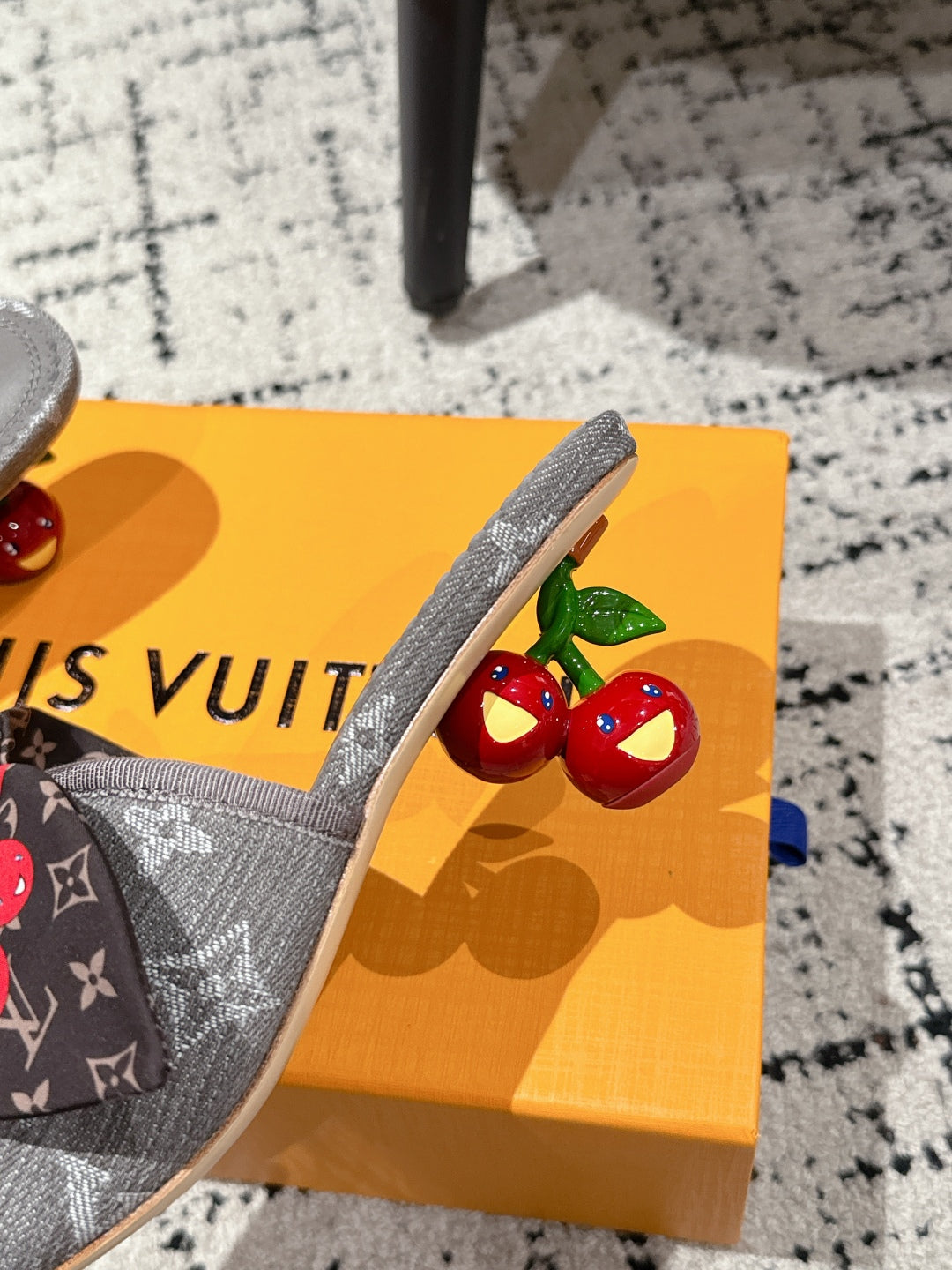 LOUIS VUITTON LV CHERRY HIGH HEELS 25S IN DARK GREY DENIM WITH BOW STYLE 7