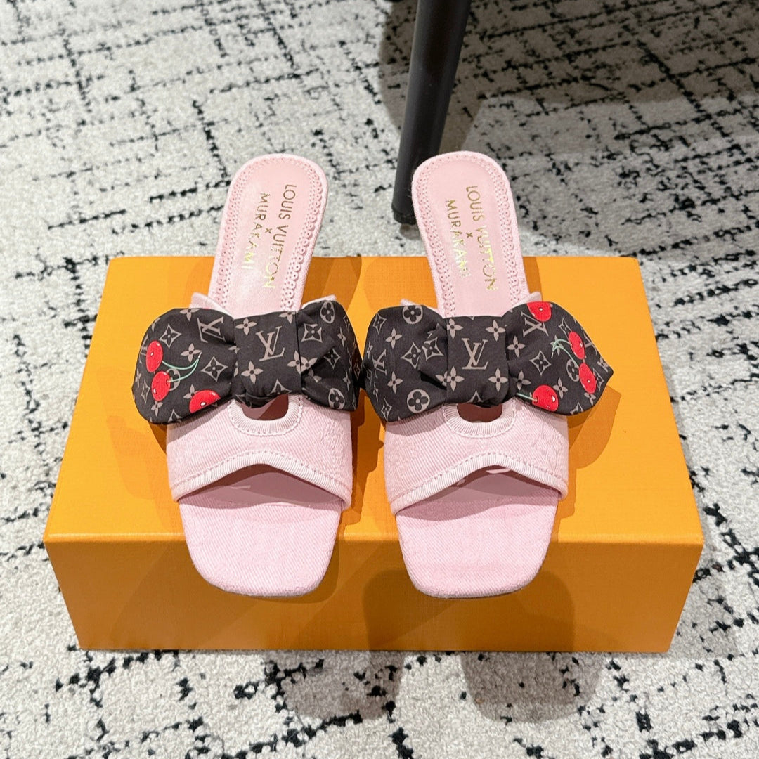 LOUIS VUITTON LV CHERRY HIGH HEELS 25S IN LIGHT PINK DENIM WITH BOW STYLE 6