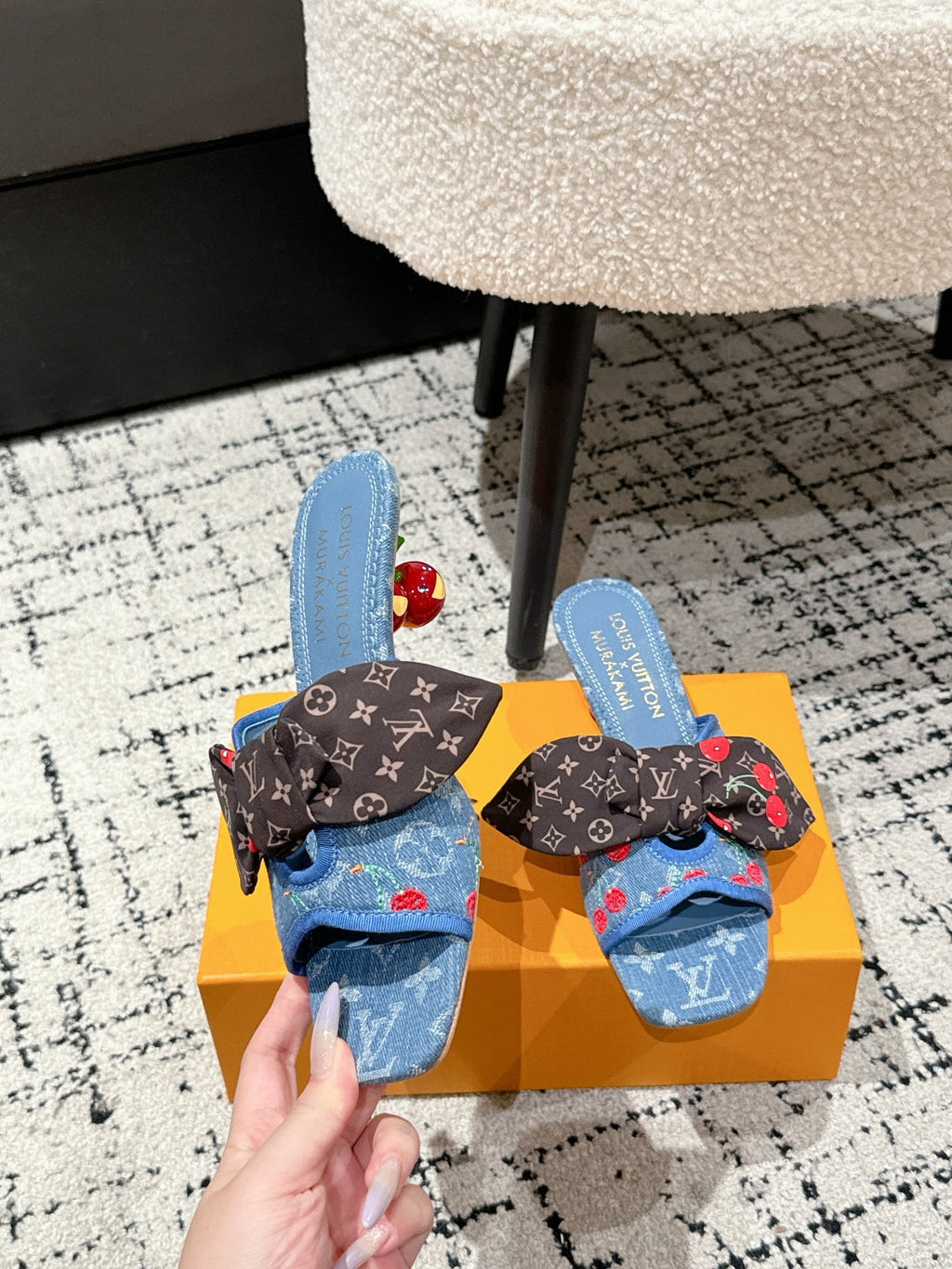 LOUIS VUITTON LV CHERRY HIGH HEELS 25S IN BLUE DENIM WITH BOW STYLE 3