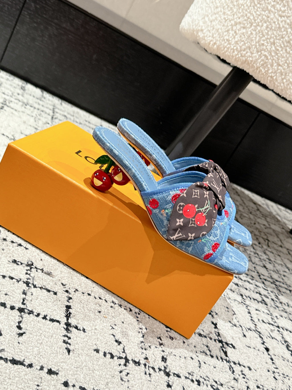LOUIS VUITTON LV CHERRY HIGH HEELS 25S IN BLUE DENIM WITH BOW STYLE 3
