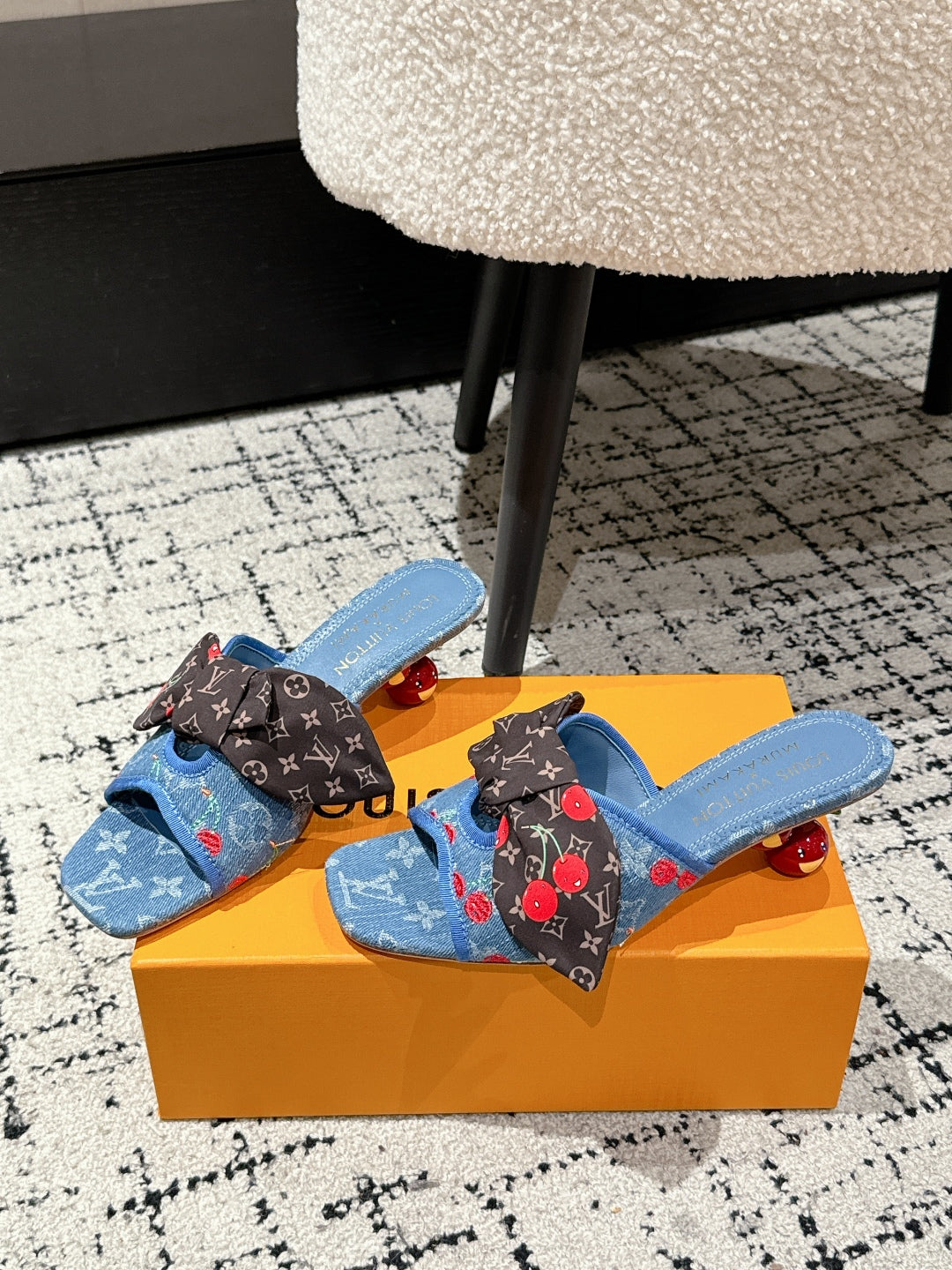 LOUIS VUITTON LV CHERRY HIGH HEELS 25S IN BLUE DENIM WITH BOW STYLE 3
