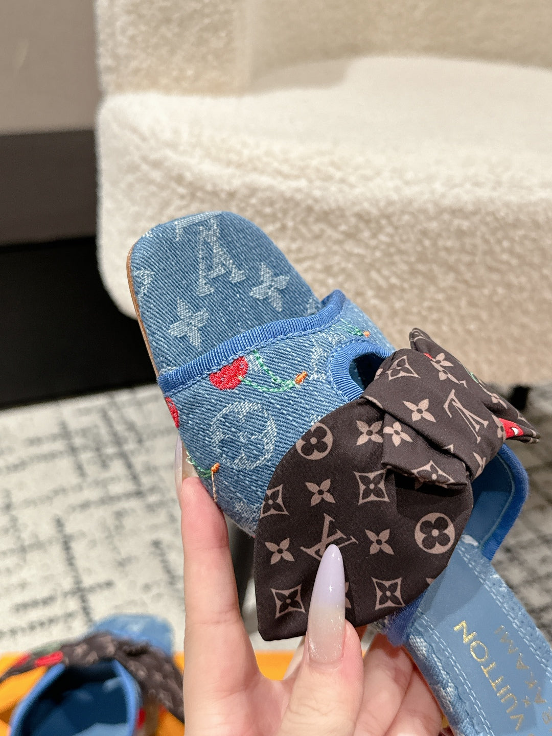 LOUIS VUITTON LV CHERRY HIGH HEELS 25S IN BLUE DENIM WITH BOW STYLE 3