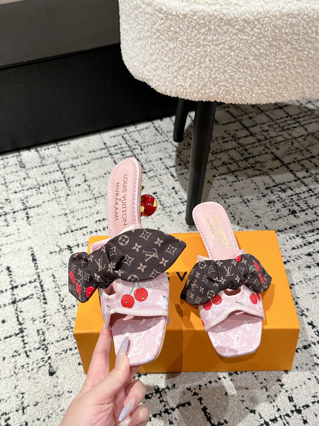 LOUIS VUITTON LV CHERRY HIGH HEELS 25S IN LIGHT PINK DENIM WITH BOW STYLE 4