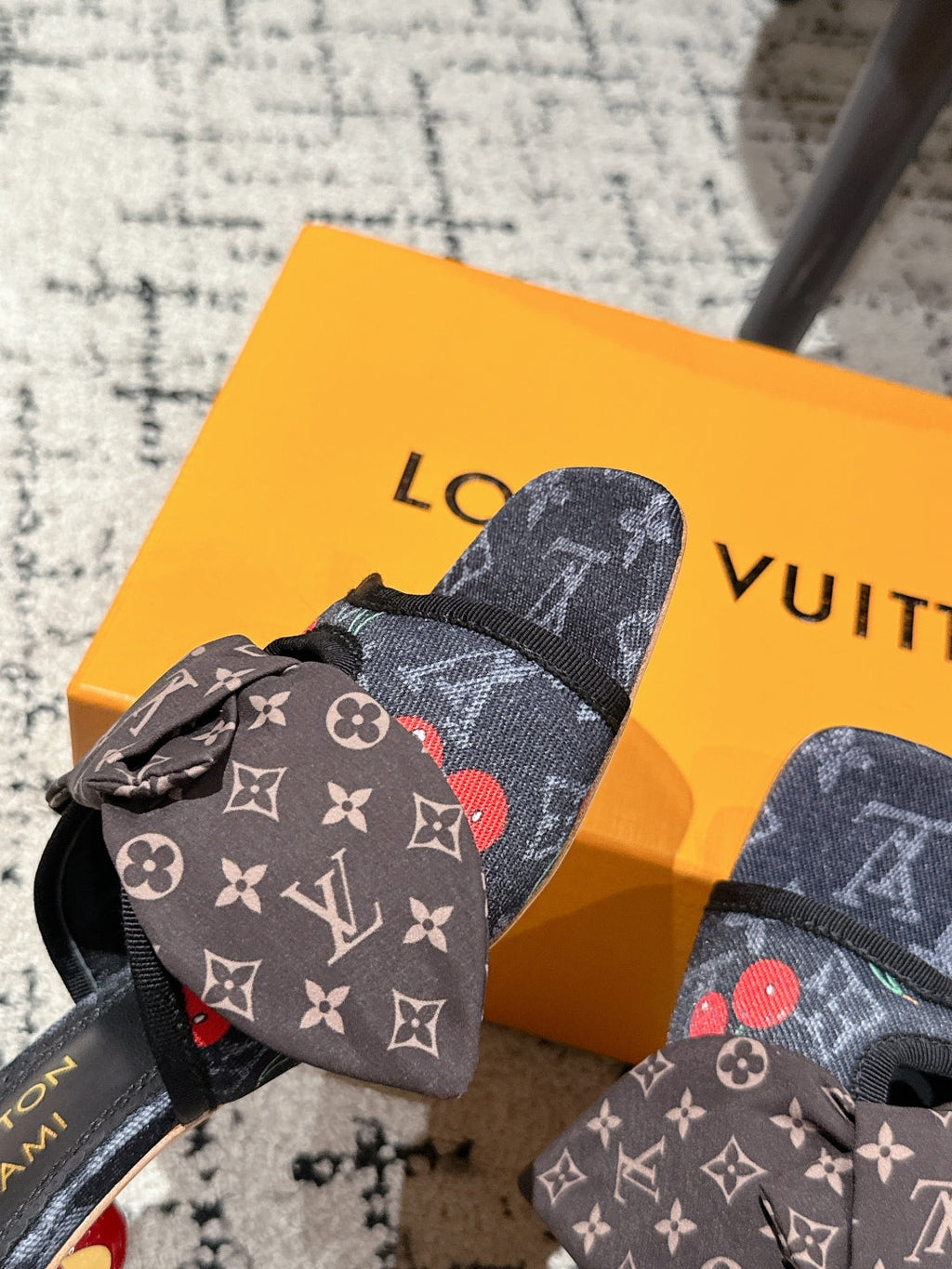 LOUIS VUITTON LV CHERRY HIGH HEELS 25S IN NAVY BLUE DENIM WITH BOW STYLE 2