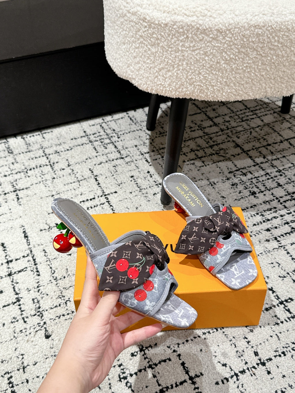 LOUIS VUITTON LV CHERRY HIGH HEELS 25S IN GREY DENIM WITH BOW STYLE 1