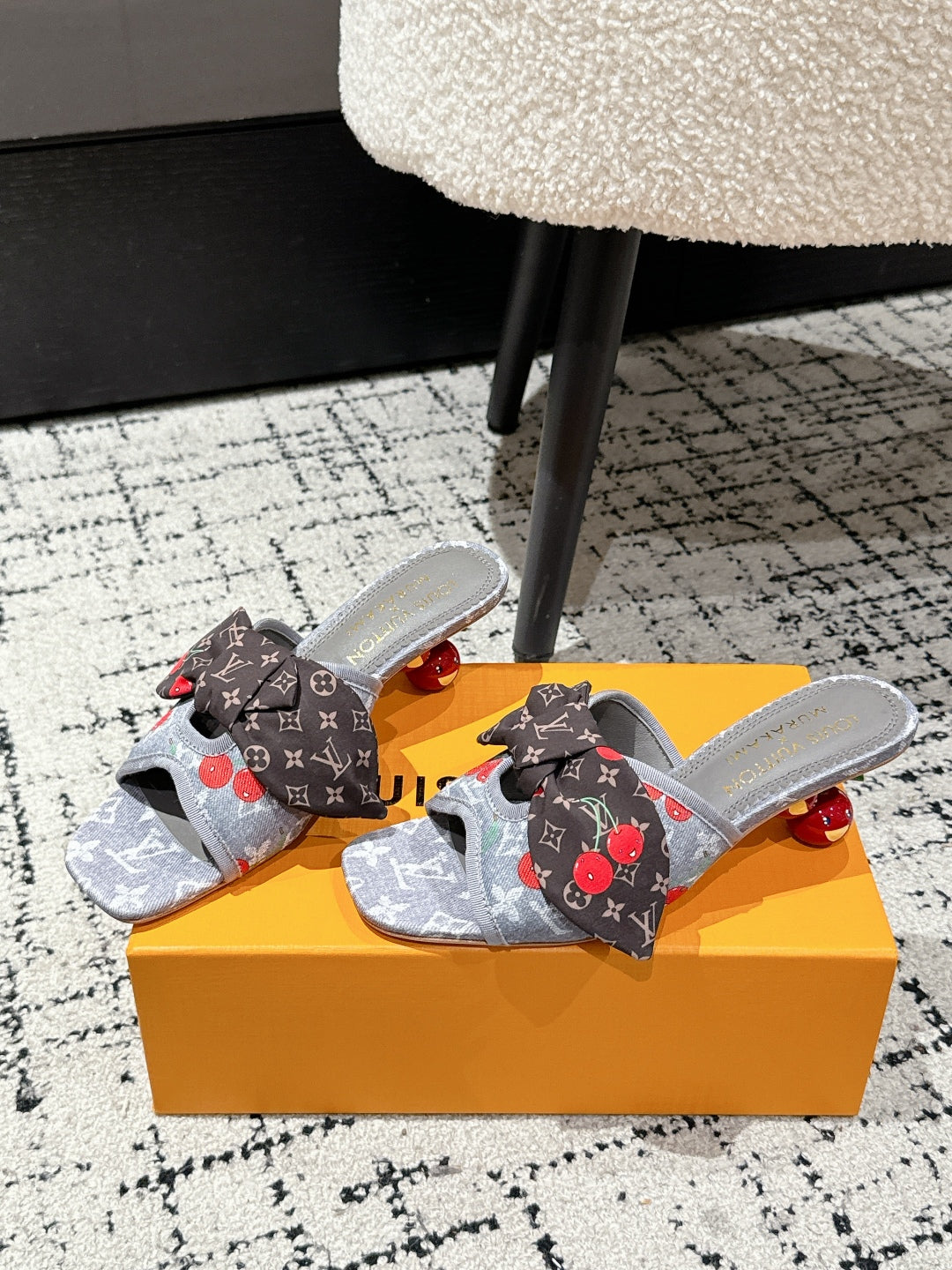 LOUIS VUITTON LV CHERRY HIGH HEELS 25S IN GREY DENIM WITH BOW STYLE 1