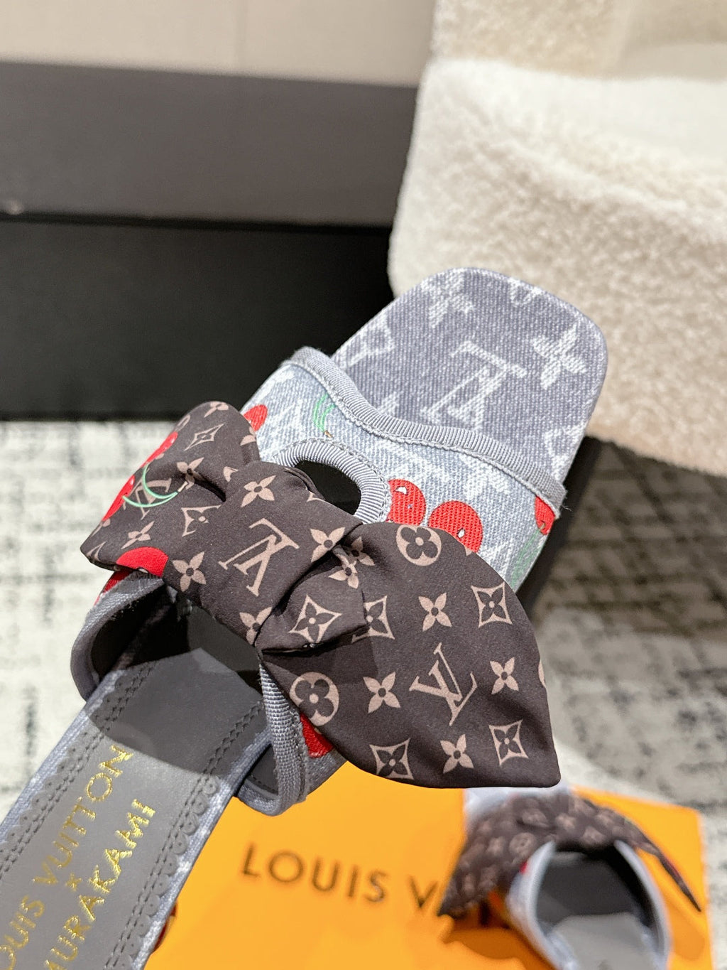 LOUIS VUITTON LV CHERRY HIGH HEELS 25S IN GREY DENIM WITH BOW STYLE 1