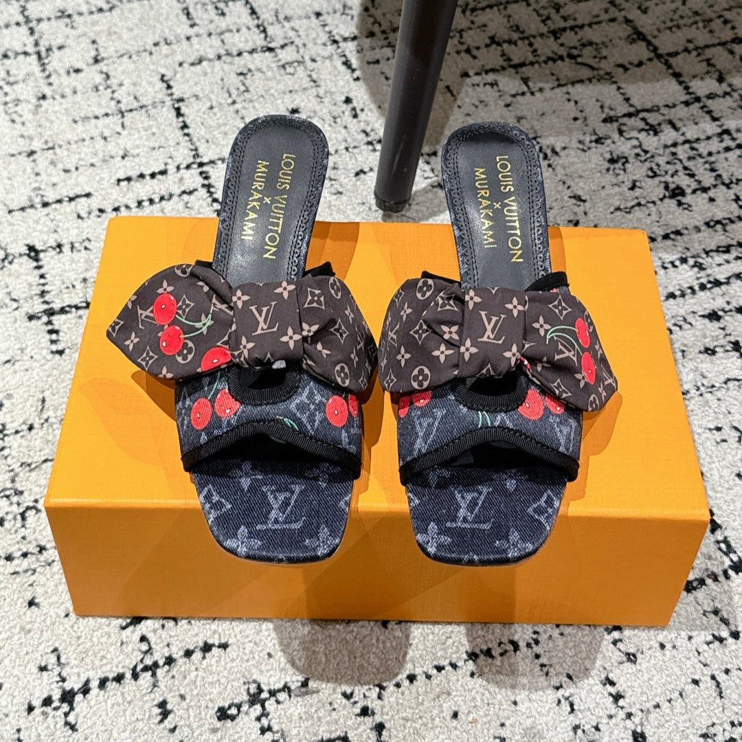 LOUIS VUITTON LV CHERRY HIGH HEELS 25S IN NAVY BLUE DENIM WITH BOW STYLE 2