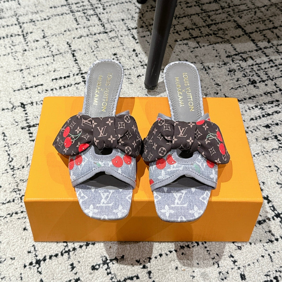 LOUIS VUITTON LV CHERRY HIGH HEELS 25S IN GREY DENIM WITH BOW STYLE 1