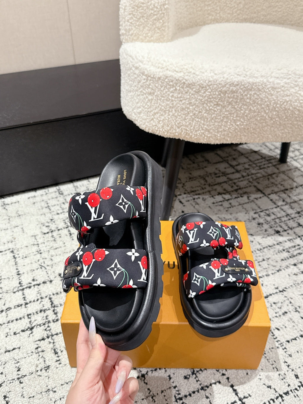 LOUIS VUITTON LV TWO-STRAP SLIDES 25S IN BLACK FABRIC AND CALFSKIN