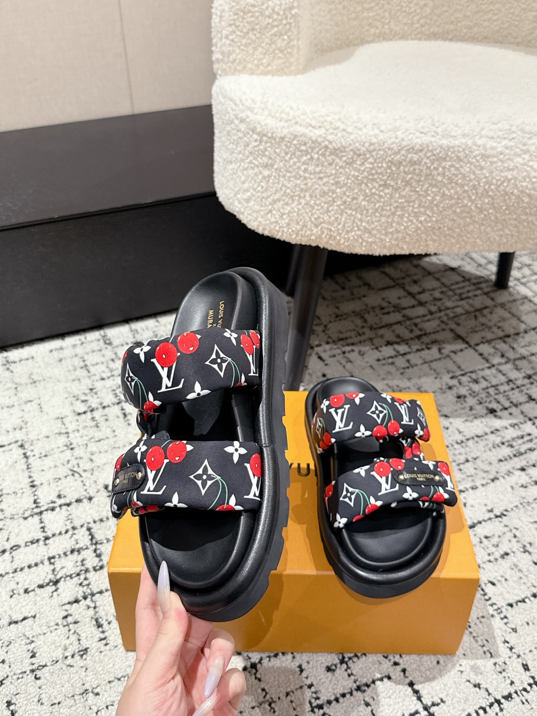 LOUIS VUITTON LV TWO-STRAP SLIDES 25S IN BLACK FABRIC AND CALFSKIN