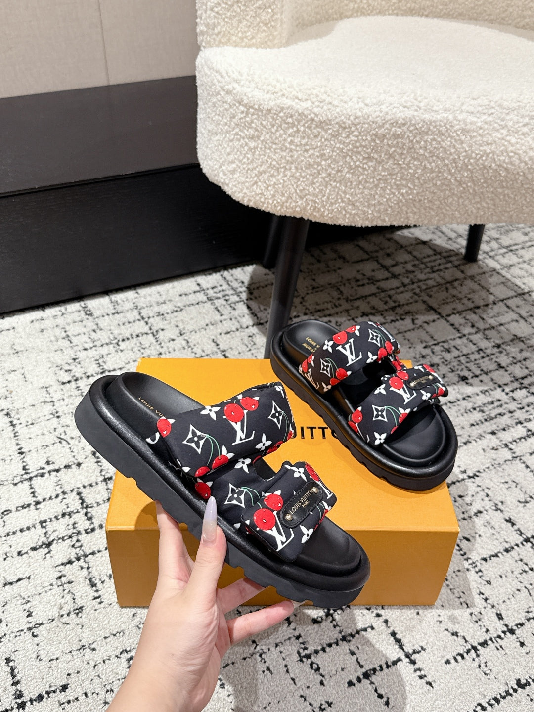 LOUIS VUITTON LV TWO-STRAP SLIDES 25S IN BLACK FABRIC AND CALFSKIN