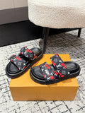 LOUIS VUITTON LV TWO-STRAP SLIDES 25S IN BLACK FABRIC AND CALFSKIN