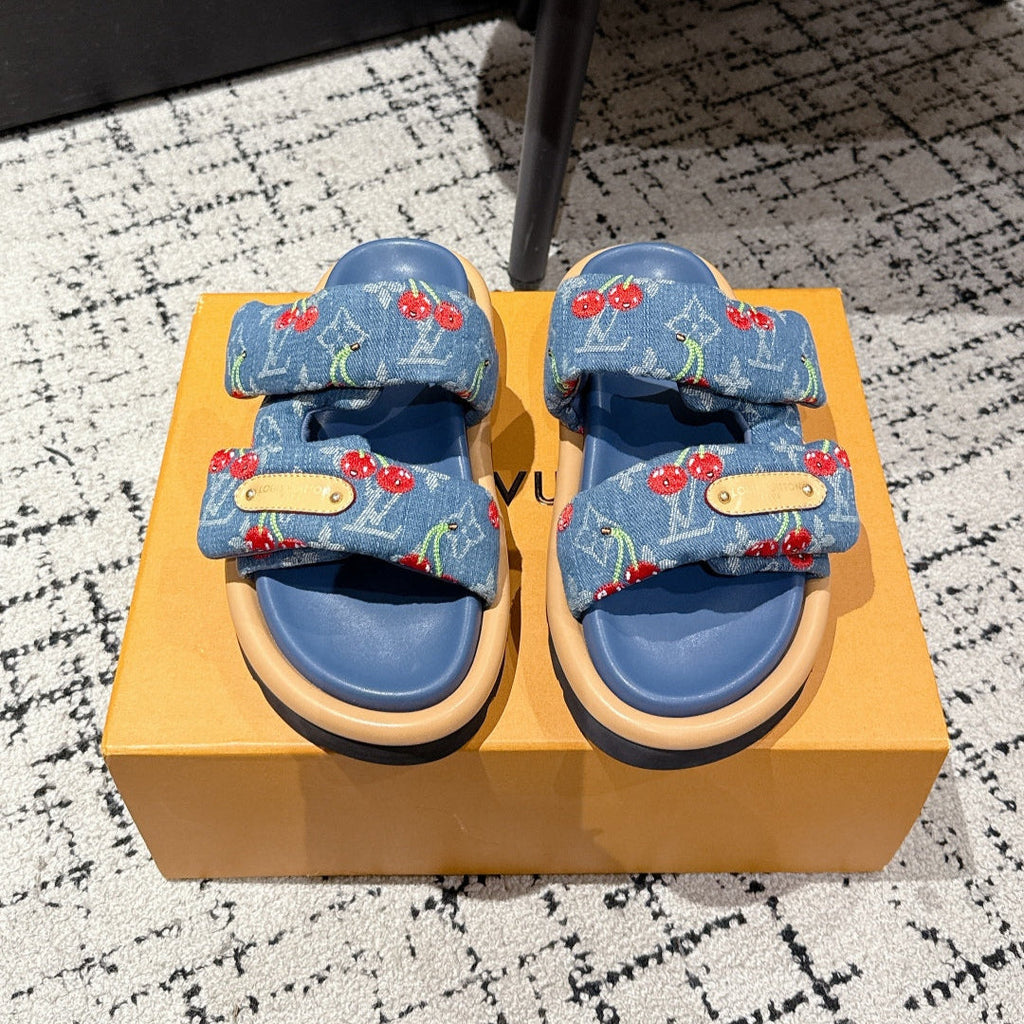 LOUIS VUITTON LV MIAMI DOUBLE-STRAP SANDALS 25S IN BLUE DENIM AND CALFSKIN