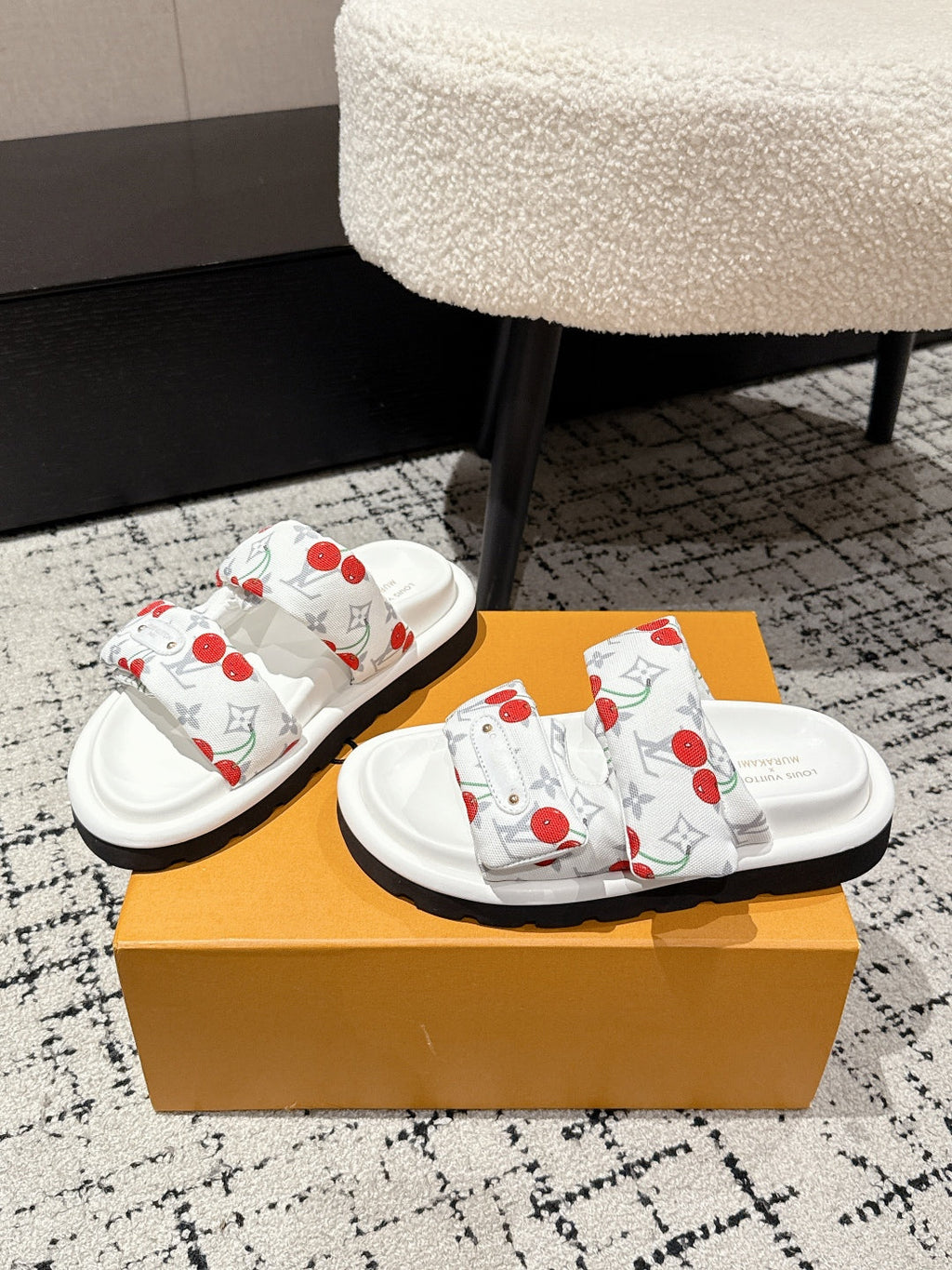 LOUIS VUITTON LV TWO-STRAP SLIDES 25S IN WHITE FABRIC AND CALFSKIN