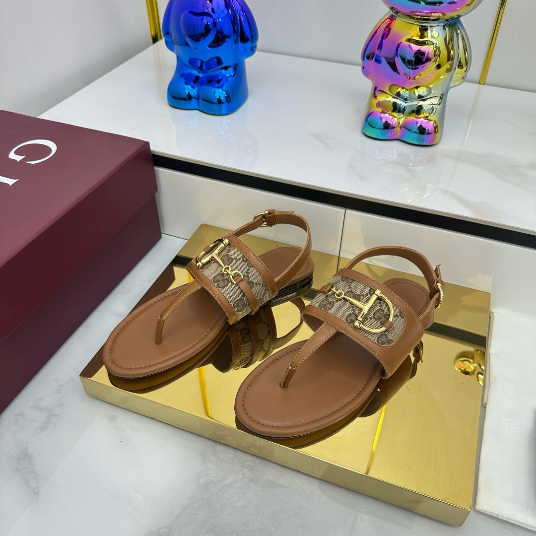 GUCCI FLAT THONG SANDALS WITH ANKLE STRAP IN BROWN LAMBSKIN AND BEIGE FABRIC