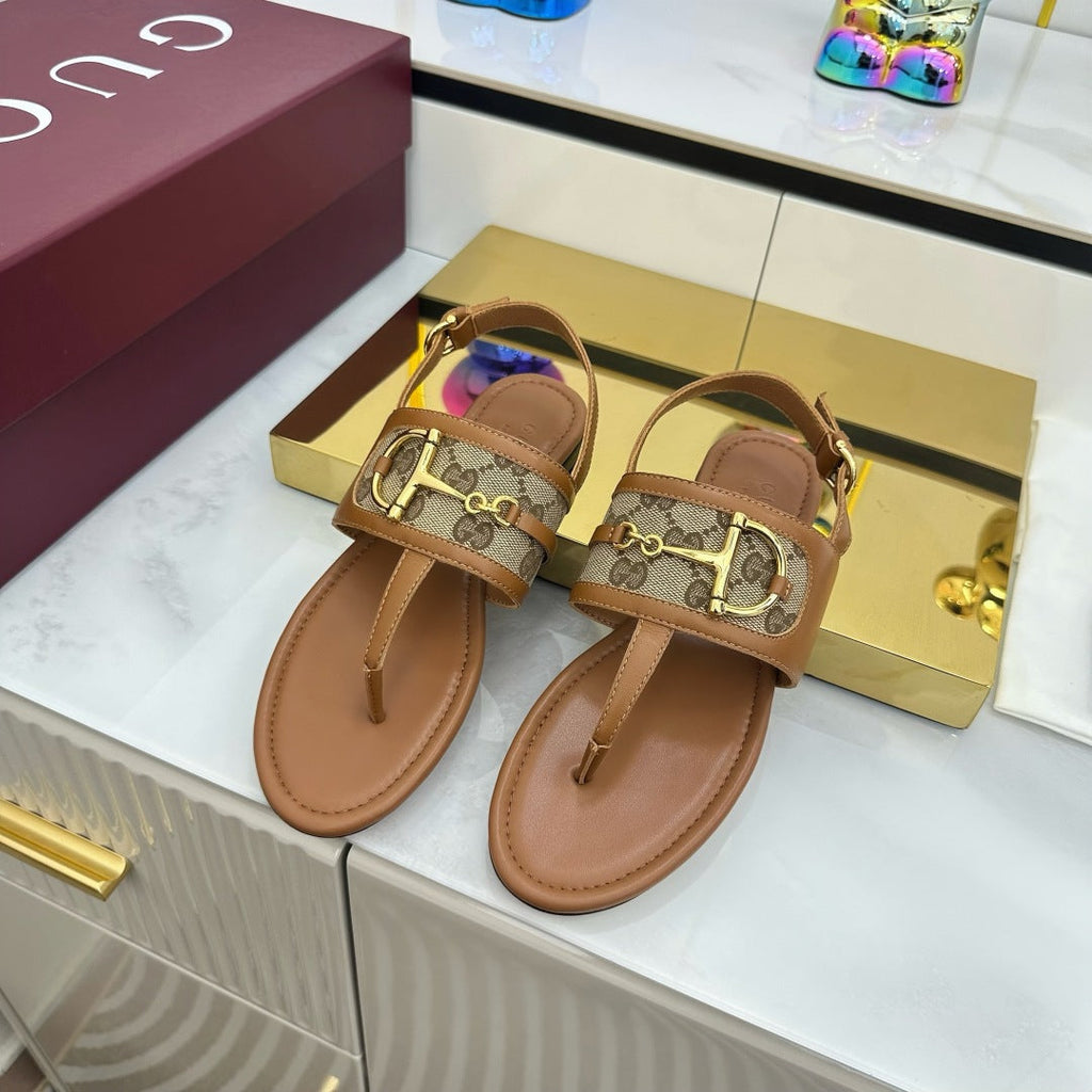 GUCCI FLAT THONG SANDALS WITH ANKLE STRAP IN BROWN LAMBSKIN AND BEIGE FABRIC