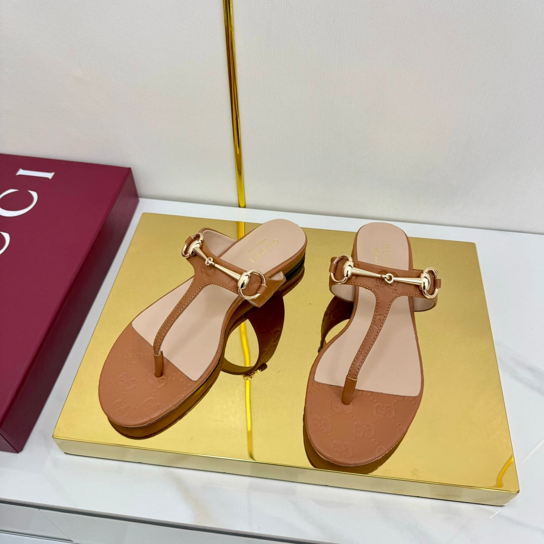 GUCCI THONG SANDALS 25S IN BROWN LAMBSKIN WITH GOLD HARDWARE