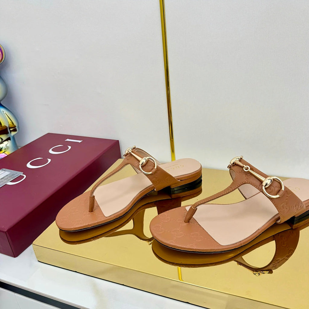 GUCCI THONG SANDALS 25S IN BROWN LAMBSKIN WITH GOLD HARDWARE