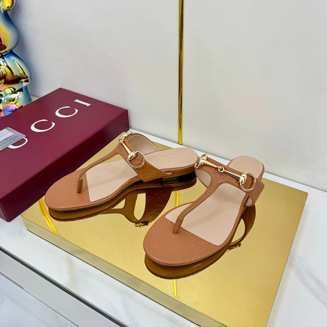 GUCCI THONG SANDALS 25S IN BROWN LAMBSKIN WITH GOLD HARDWARE