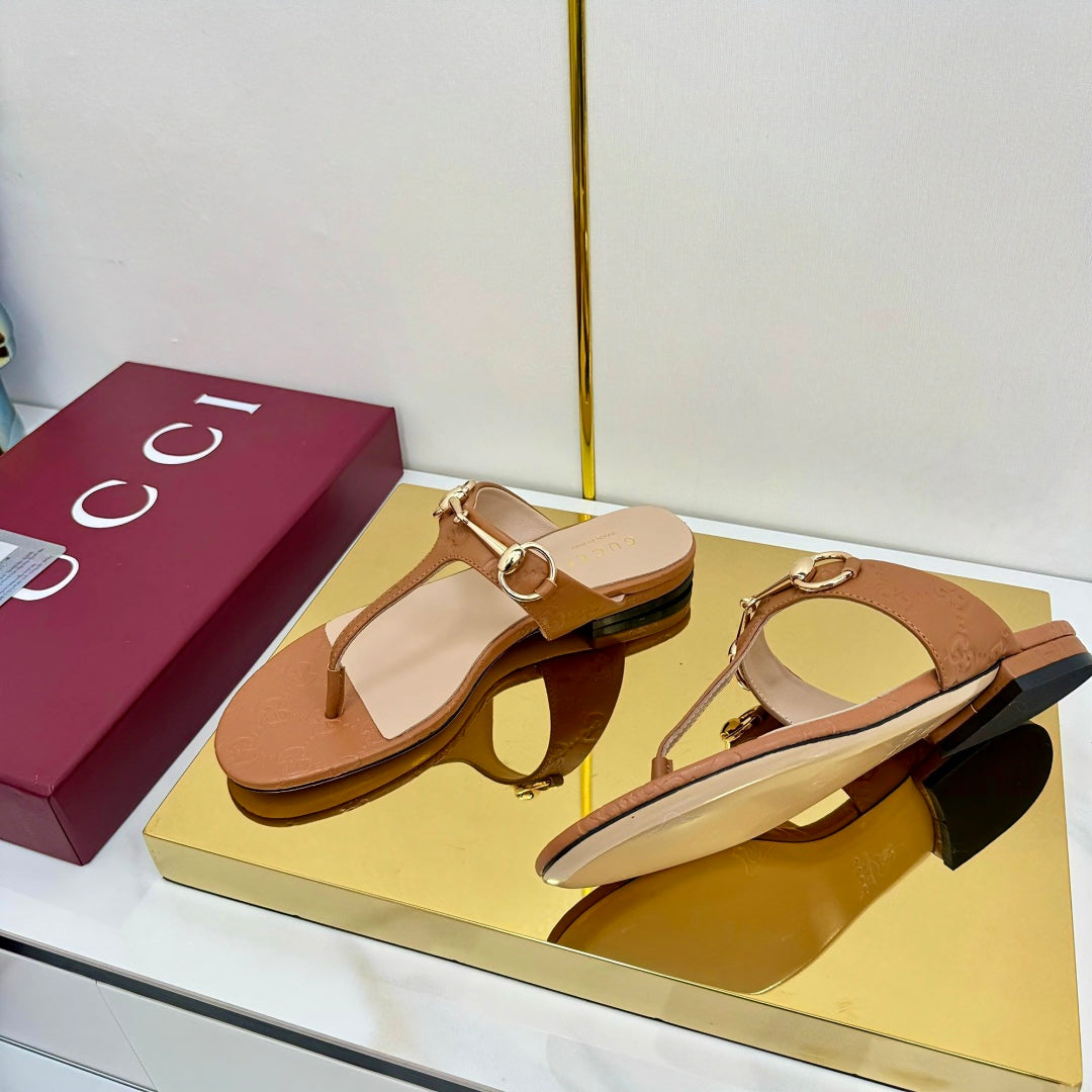 GUCCI THONG SANDALS 25S IN BROWN LAMBSKIN WITH GOLD HARDWARE
