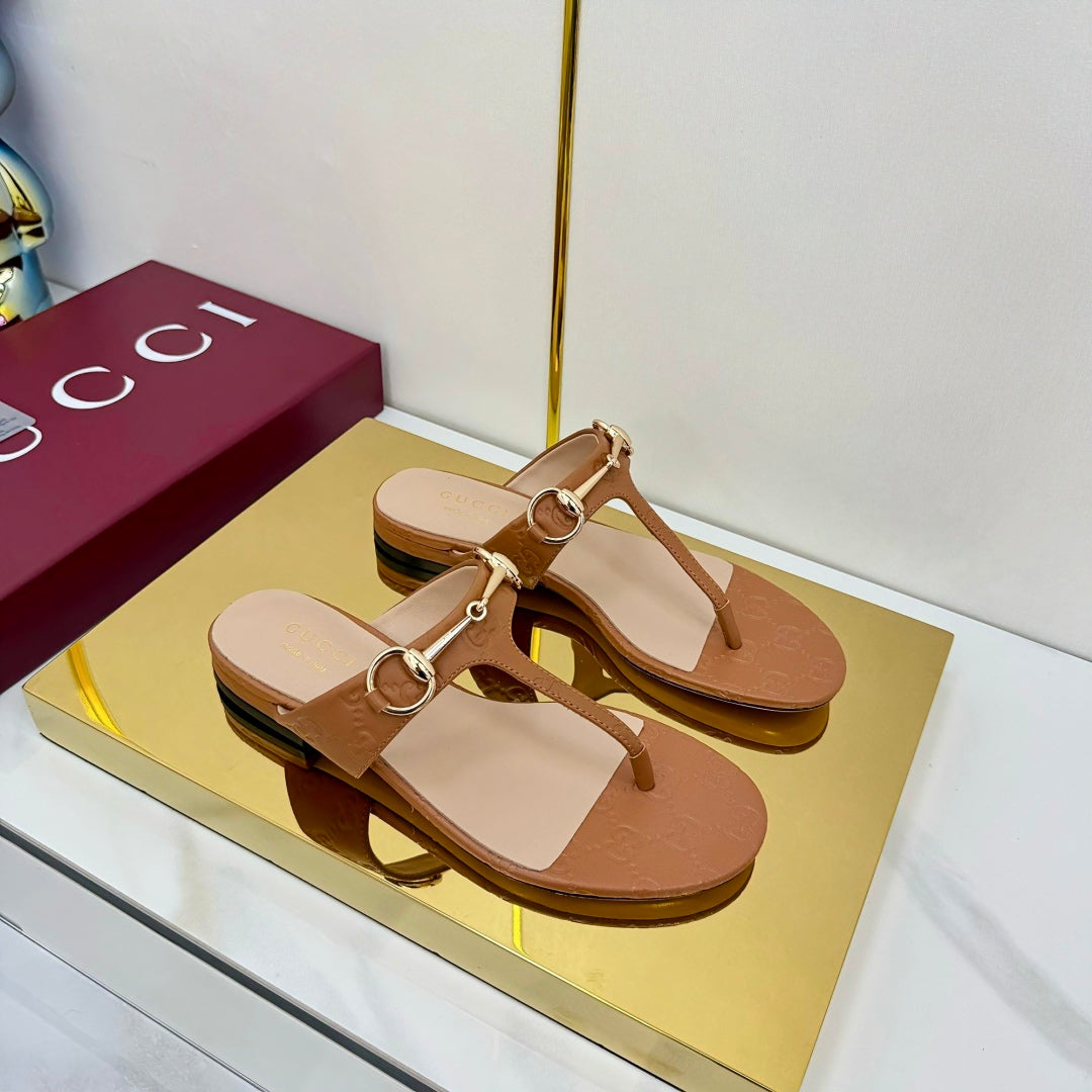 GUCCI THONG SANDALS 25S IN BROWN LAMBSKIN WITH GOLD HARDWARE