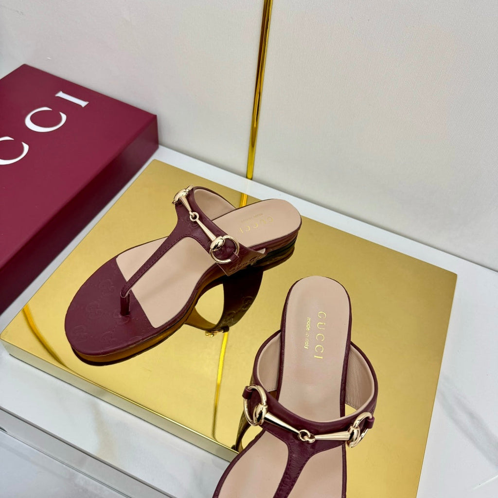 GUCCI THONG SANDALS 25S IN DARK RED LAMBSKIN WITH GOLD HARDWARE