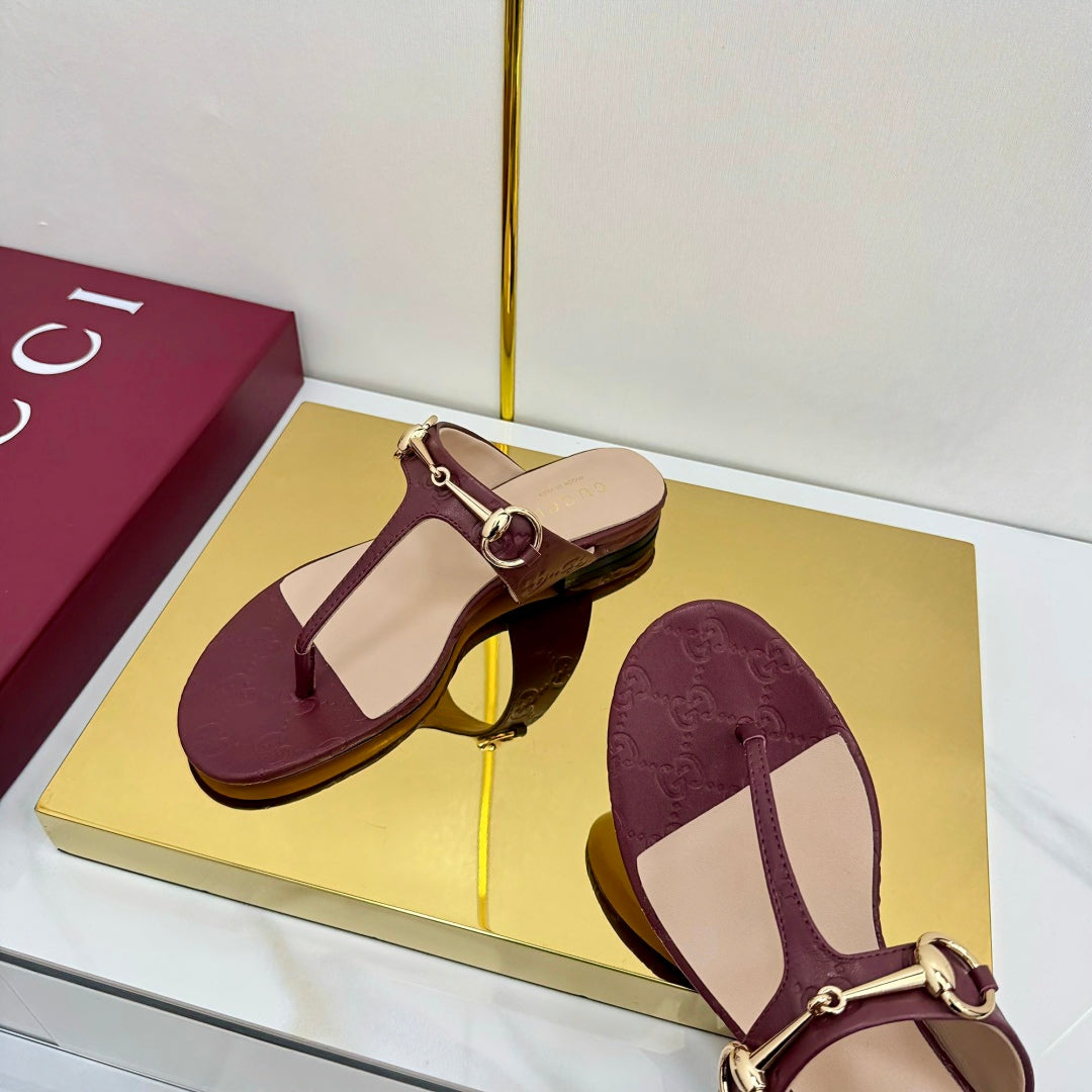 GUCCI THONG SANDALS 25S IN DARK RED LAMBSKIN WITH GOLD HARDWARE