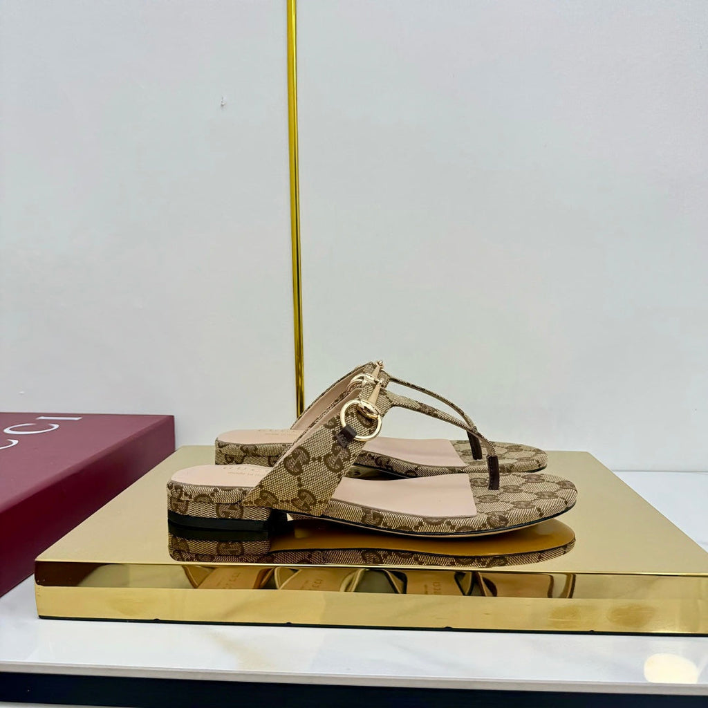 GUCCI THONG SANDALS 25S IN DARK BEIGE LAMBSKIN MIX CANVAS WITH GOLD HARDWARE