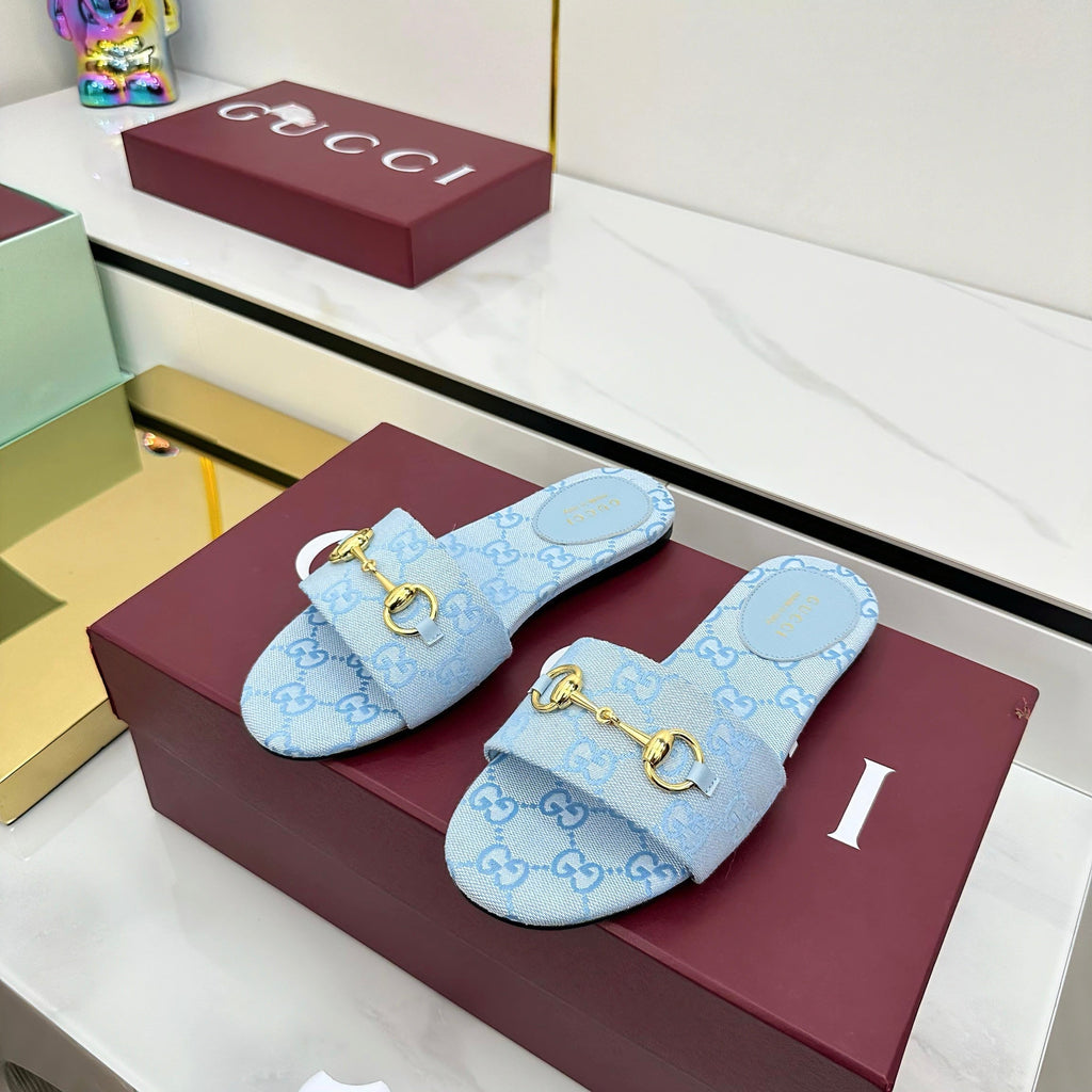 GUCCI SLIDES IN BLUE WITH GOLD HARDWARE