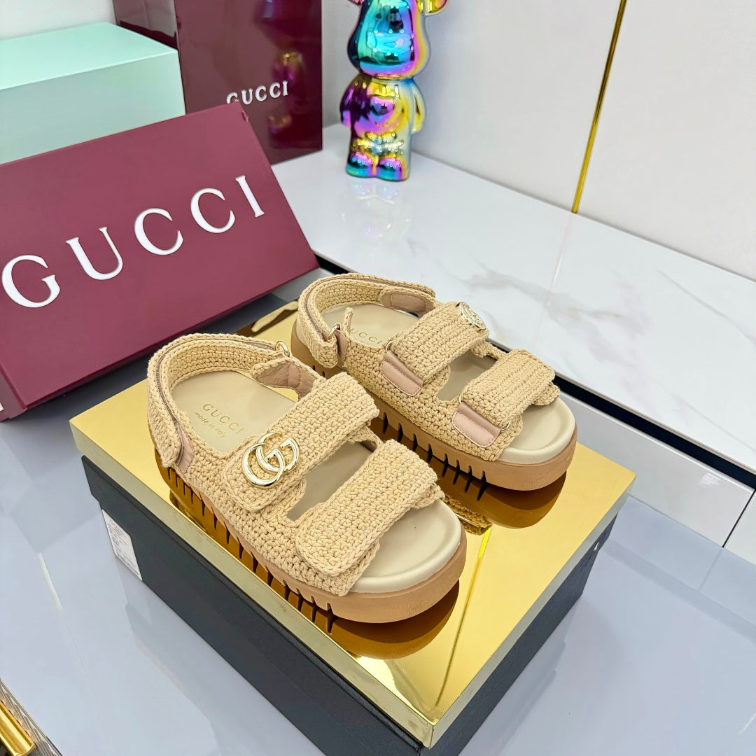 GUCCI SANDALS 25S IN NATURAL STRAW CROCHET COTTON FABRIC