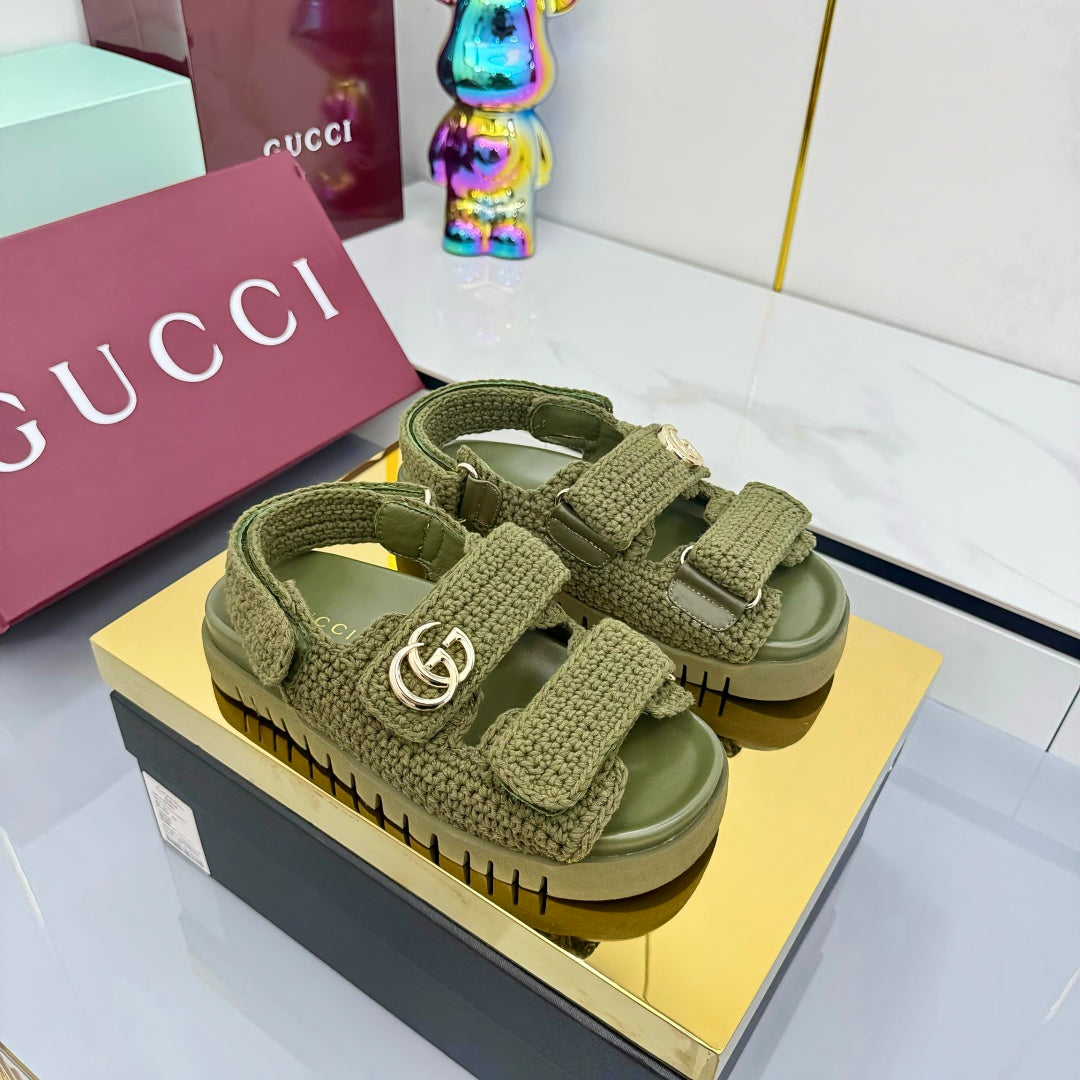 GUCCI SANDALS 25S IN MOSS GREEN CROCHET COTTON FABRIC
