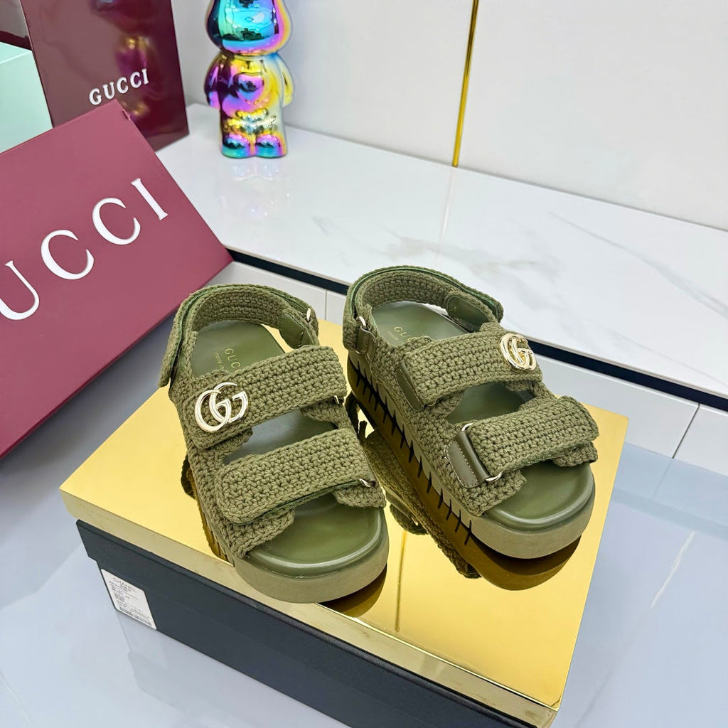 GUCCI SANDALS 25S IN MOSS GREEN CROCHET COTTON FABRIC