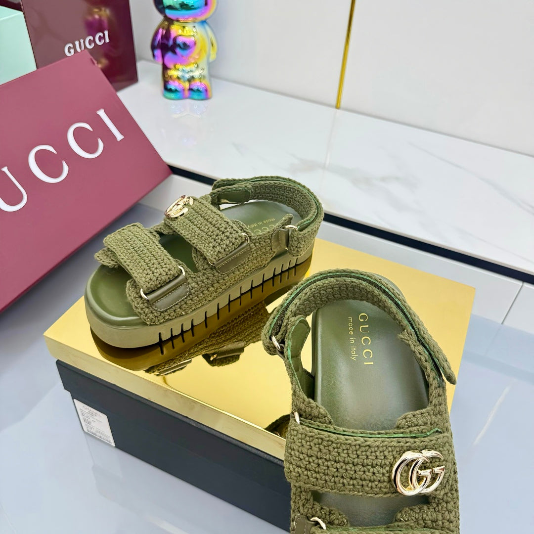 GUCCI SANDALS 25S IN MOSS GREEN CROCHET COTTON FABRIC