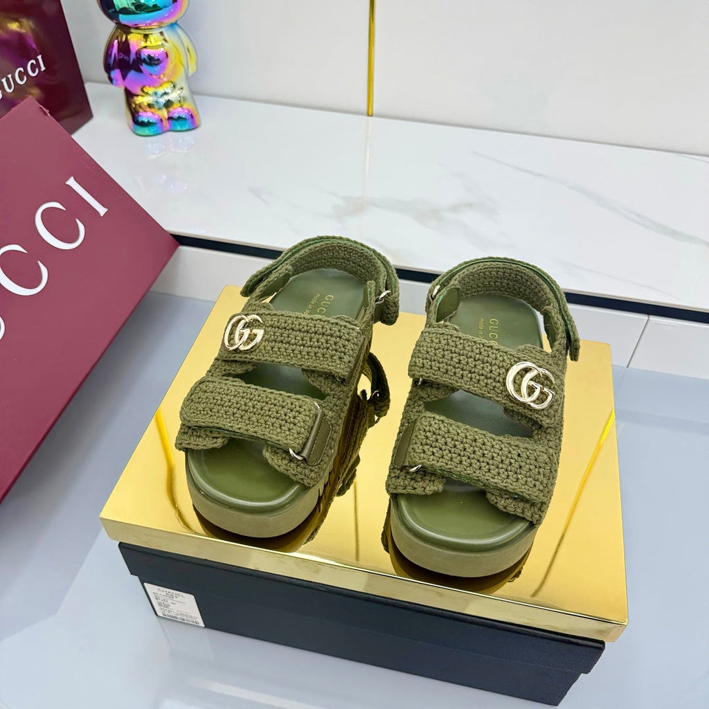 GUCCI SANDALS 25S IN MOSS GREEN CROCHET COTTON FABRIC