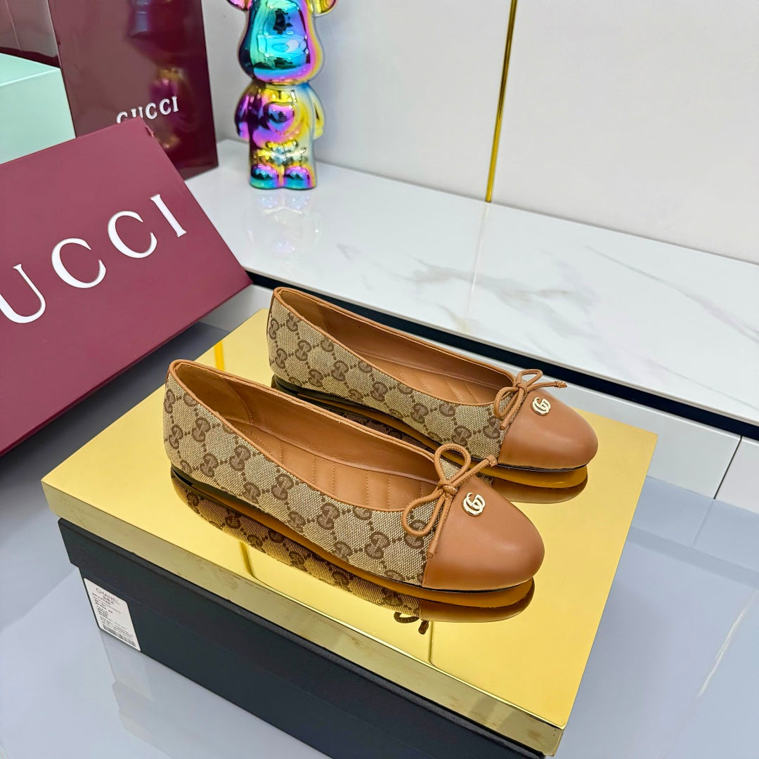 GUCCI BALLET FLATS 25S IN BROWN LAMBSKIN MIX BEIGE CANVAS WITH BOW