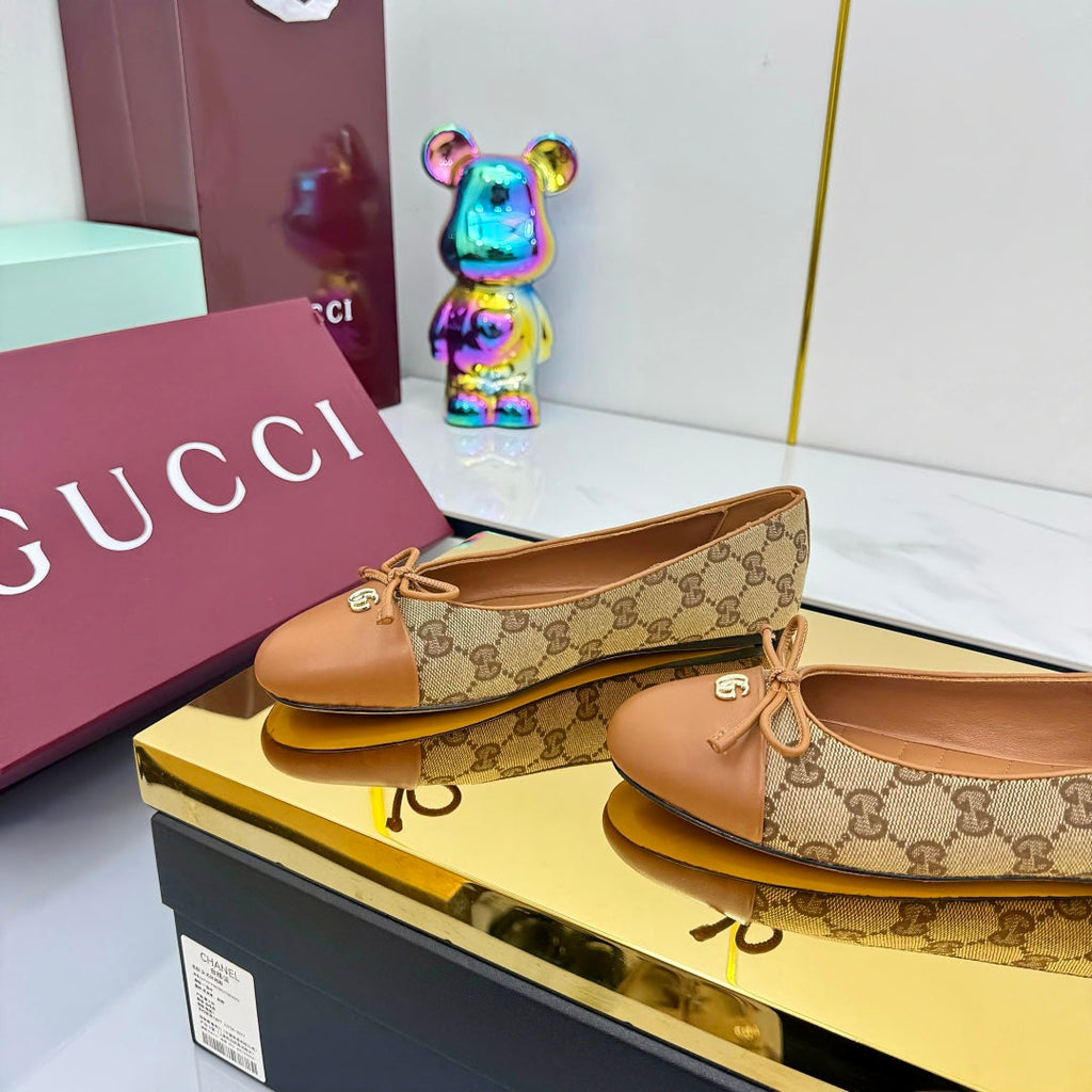 GUCCI BALLET FLATS 25S IN BROWN LAMBSKIN MIX BEIGE CANVAS WITH BOW