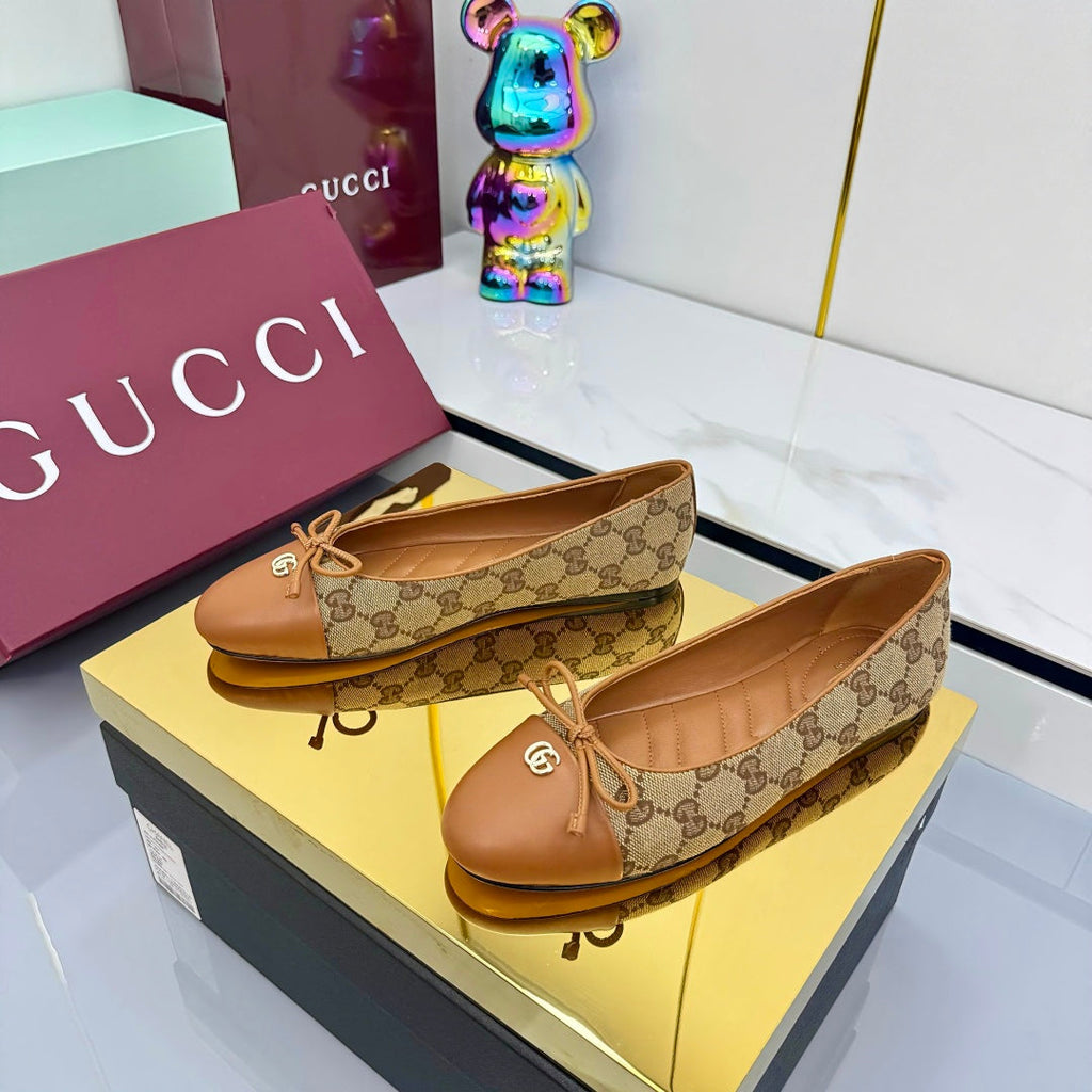 GUCCI BALLET FLATS 25S IN BROWN LAMBSKIN MIX BEIGE CANVAS WITH BOW