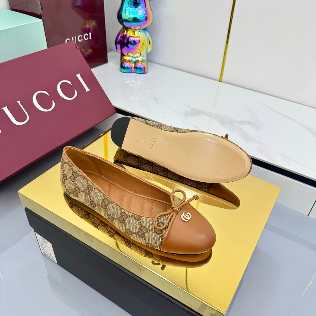 GUCCI BALLET FLATS 25S IN BROWN LAMBSKIN MIX BEIGE CANVAS WITH BOW