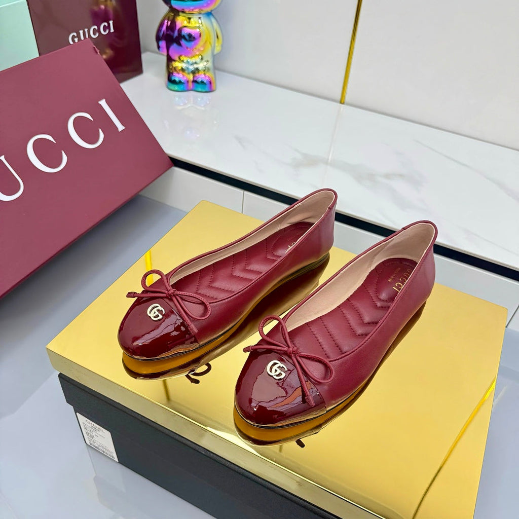 GUCCI BALLET FLATS 25S IN RED LAMBSKIN MIX GLOSSY LEATHER WITH BOW