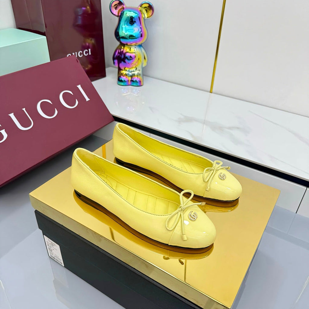 GUCCI BALLET FLATS 25S IN YELLOW LAMBSKIN MIX GLOSSY LEATHER WITH BOW