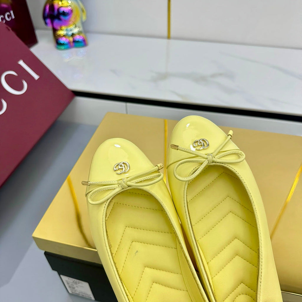 GUCCI BALLET FLATS 25S IN YELLOW LAMBSKIN MIX GLOSSY LEATHER WITH BOW
