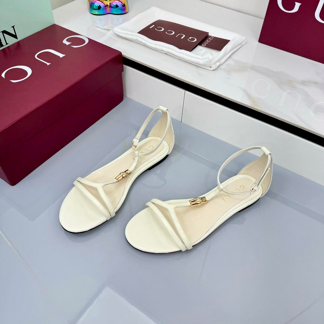 GUCCI THONG SANDALS 25S IN WHITE LAMBSKIN WITH GOLD HARDWARE